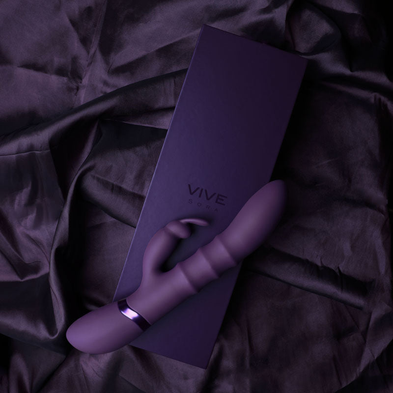 VIVE Sora -  -  24.2 cm USB Rechargeable Rabbit Vibrator displayed on luxurious fabric.
