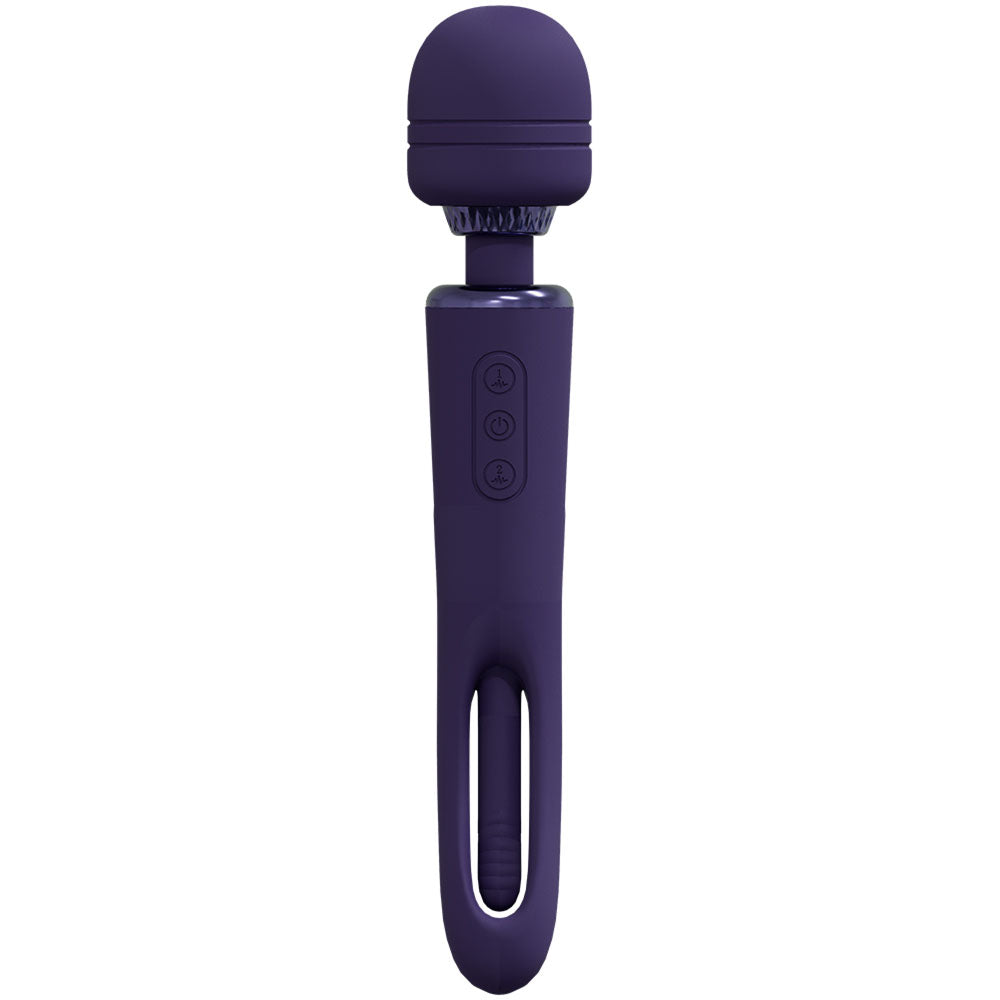 VIVE Kiku -  -  25.2 cm USB Rechargeable Dual End Massage Wand with Flapping Tip, purple massage wand with controls.