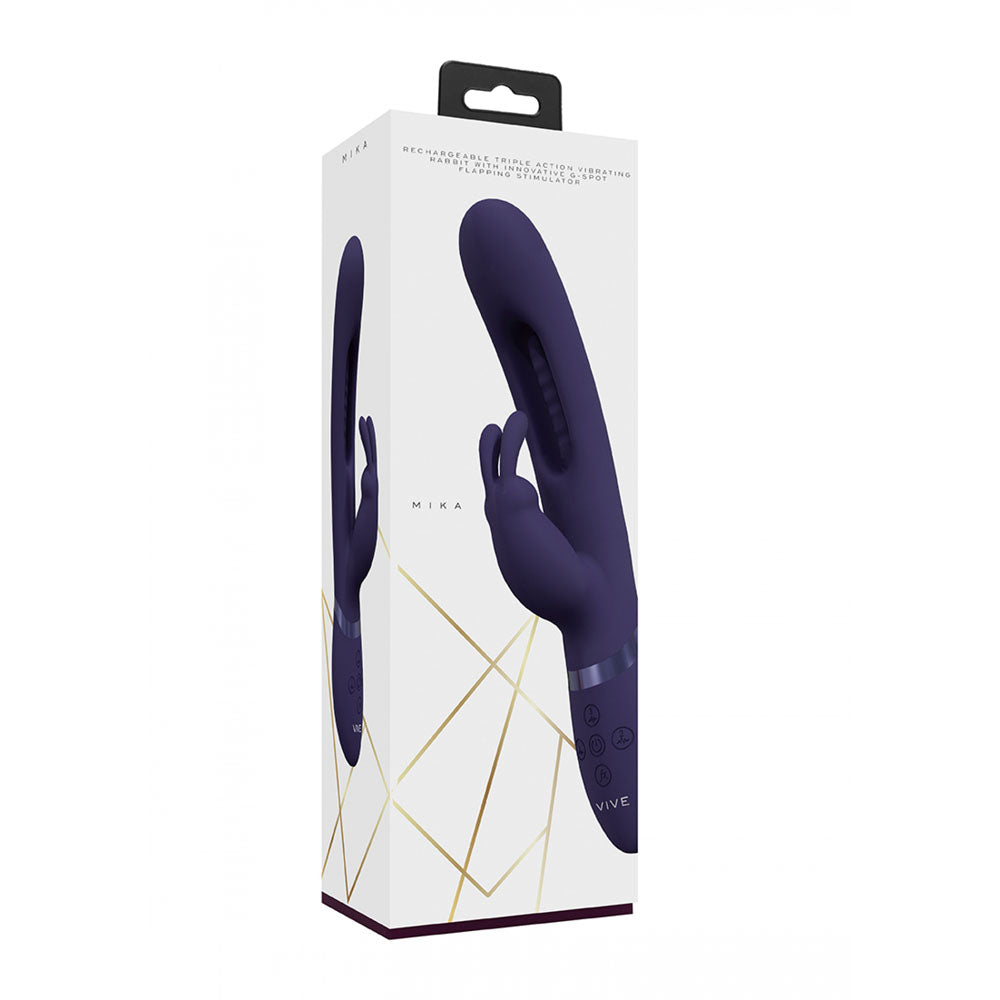 VIVE Mika -  -  23.2 cm USB Rechargeable Rabbit Vibrator with Flapping Shaft packaging in purple.
