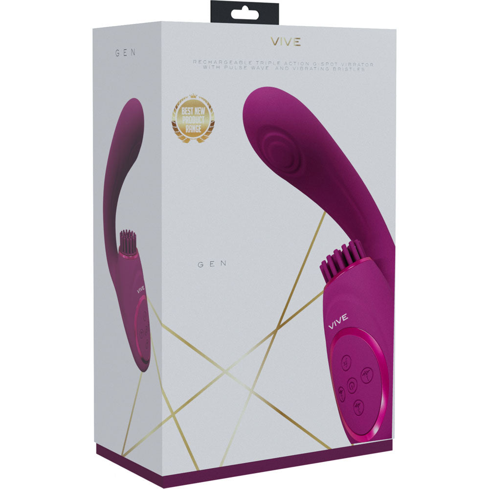VIVE Gen -  -  USB Rechargeable Triple Motor Vibrator packaging featuring ergonomic design and soft bristles for pleasure.