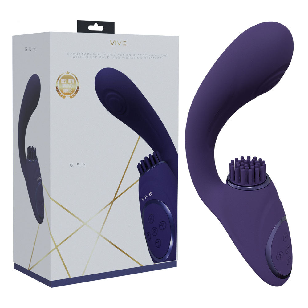 VIVE Gen -  -  USB Rechargeable Triple Motor Vibrator in packaging, showcasing its unique design and features.