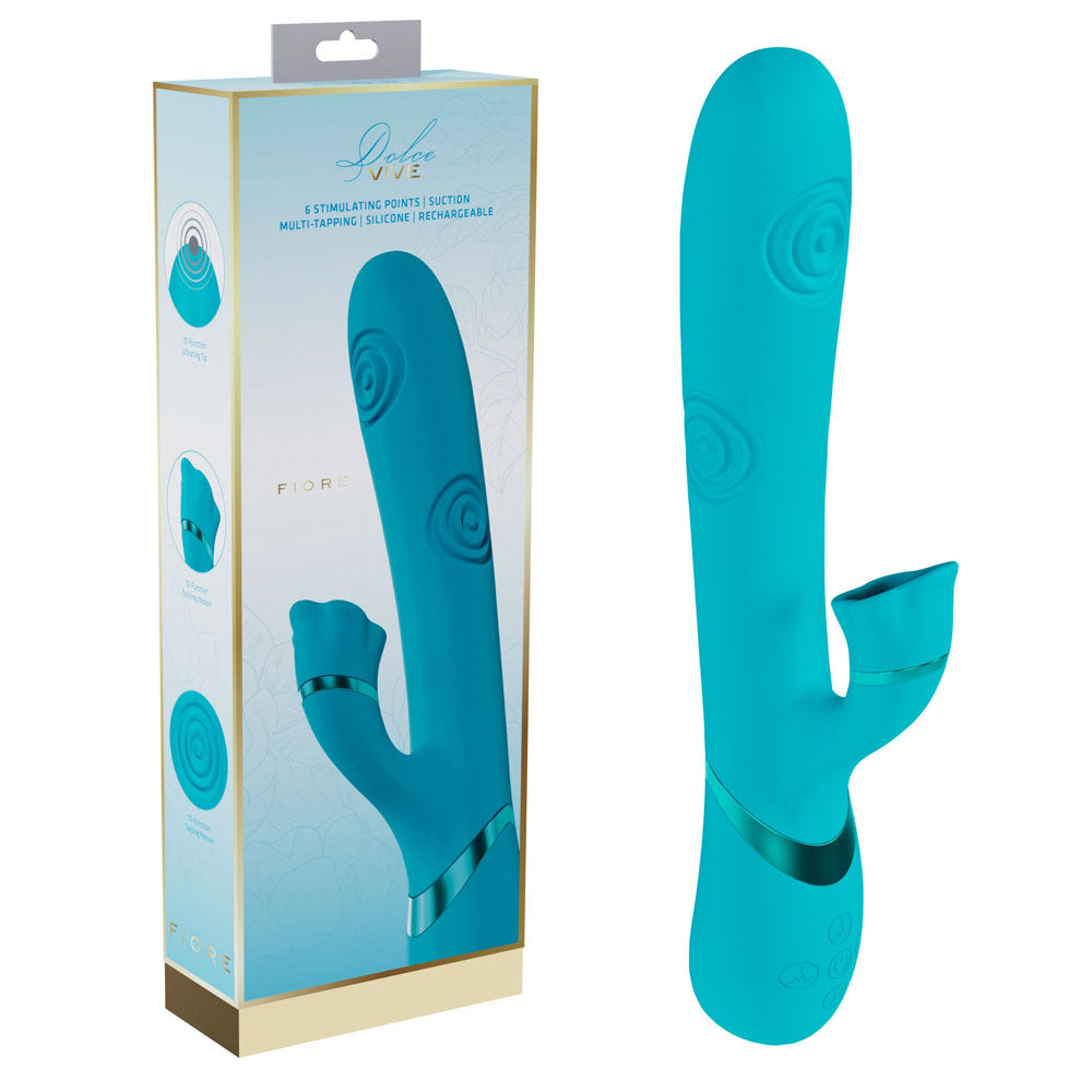 VIVE Fiore - 25 cm USB Rechargeable Tapping Rabbit Vibrator in turquoise packaging with suction feature.