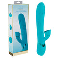 VIVE Fiore - 25 cm USB Rechargeable Tapping Rabbit Vibrator in turquoise packaging with suction feature.