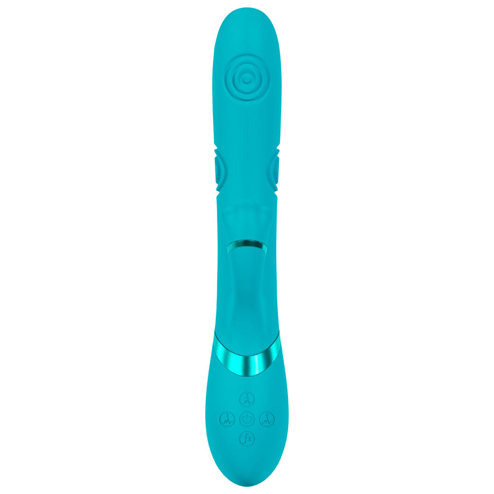VIVE Fiore - 25 cm USB Rechargeable Tapping Rabbit Vibrator in blue with buttons for control.