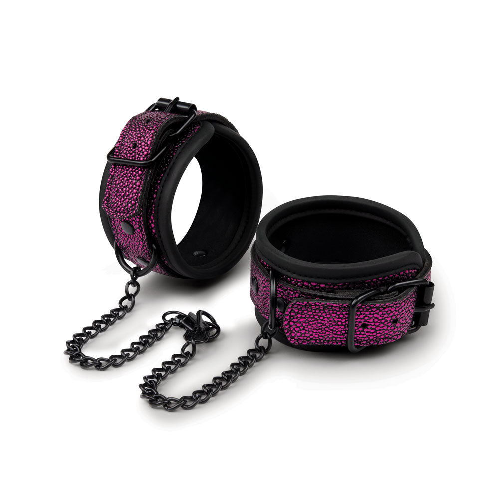 WhipSmart Dragons Lair Deluxe Wrist & Ankle Cuffs - /Black Restraints, stylish pink cuffs with chain connect.