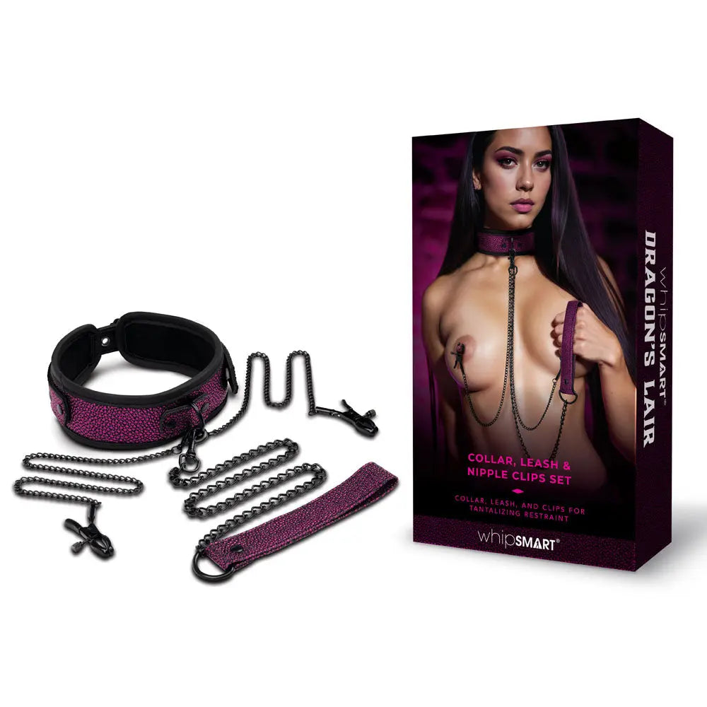 WhipSmart Dragons Lair Collar, Leash & Nipple Clips Set - /Black Restraints WhipSmart Discreet Intimate Essentials.