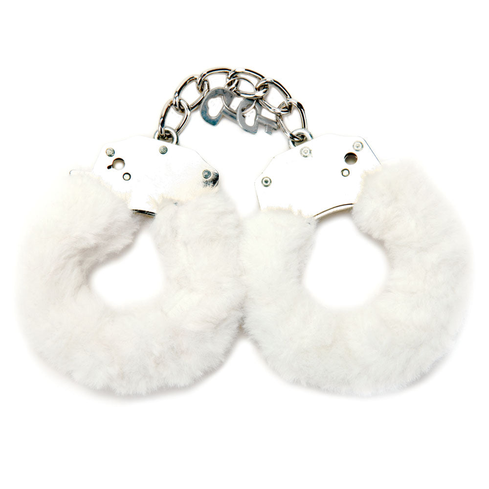 furry wrist cuffs with eye mask displayed on a metal chain, featuring soft white faux fur for comfort and restraint.