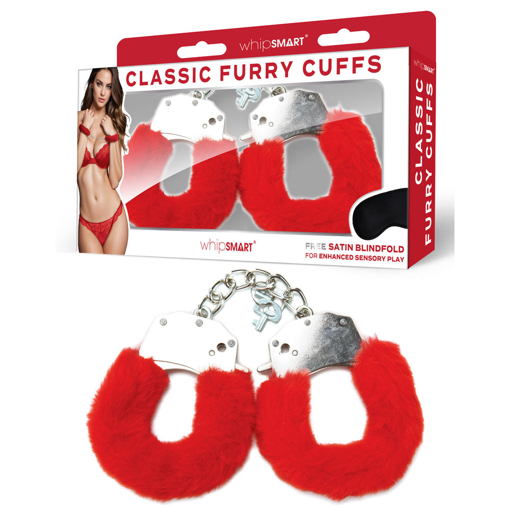 WhipSmart Classic Furry Cuffs -  -  Furry Restraints with Bonus Eye Mask, featuring soft faux fur and a satin blindfold.
