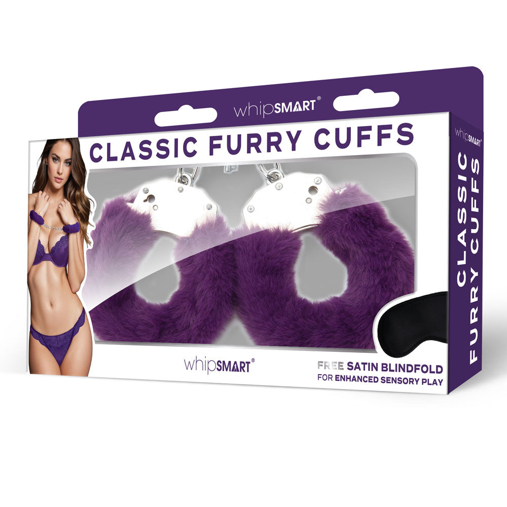 WhipSmart Classic Furry Cuffs -  -  Furry Restraints with Bonus Eye Mask in packaging for intimate essentials.