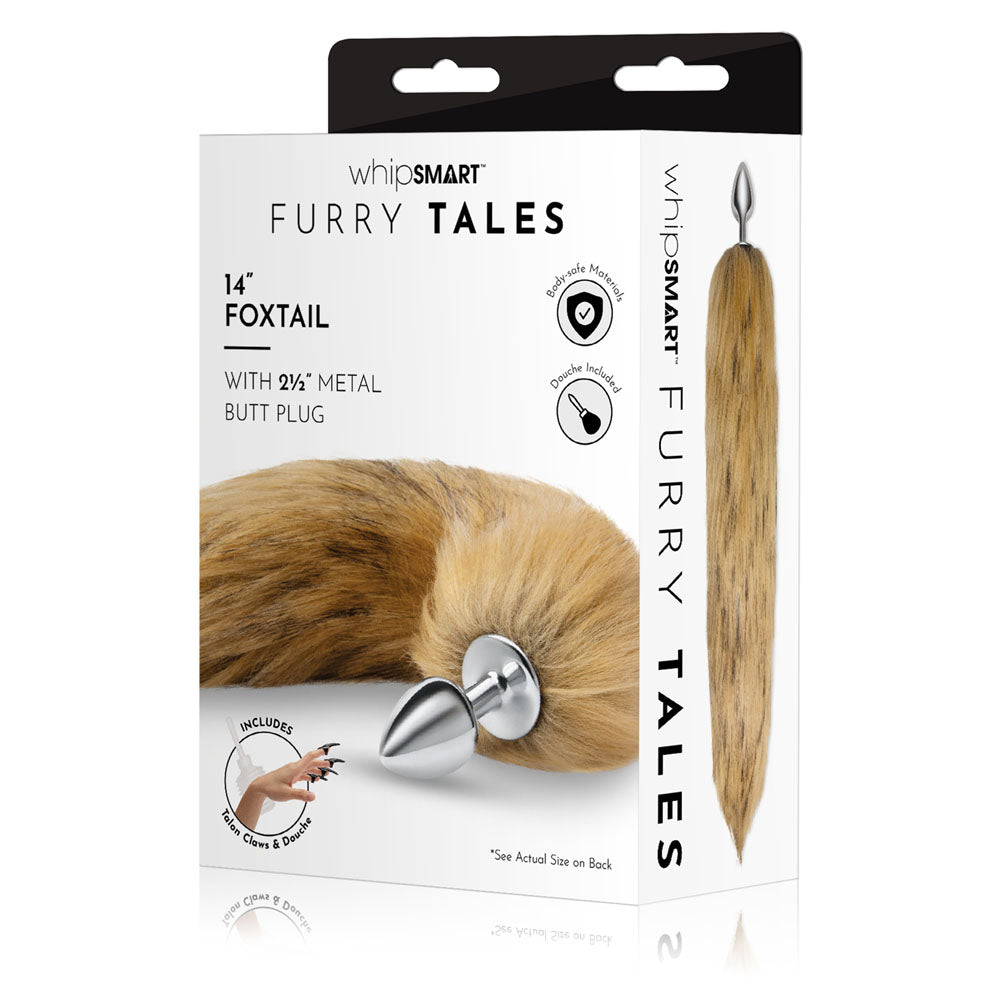 WhipSmart Furry Tales 14 Inch Fox Tail - Metal 6.3 cm Butt Plug with Fox Tail packaging display.