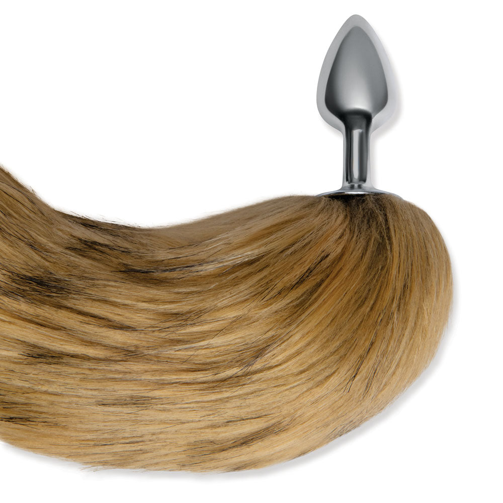 WhipSmart Furry Tales 14 Inch  Fox Tail - Metal 6.3 cm Butt Plug with  Fox Tail displayed at an angle.