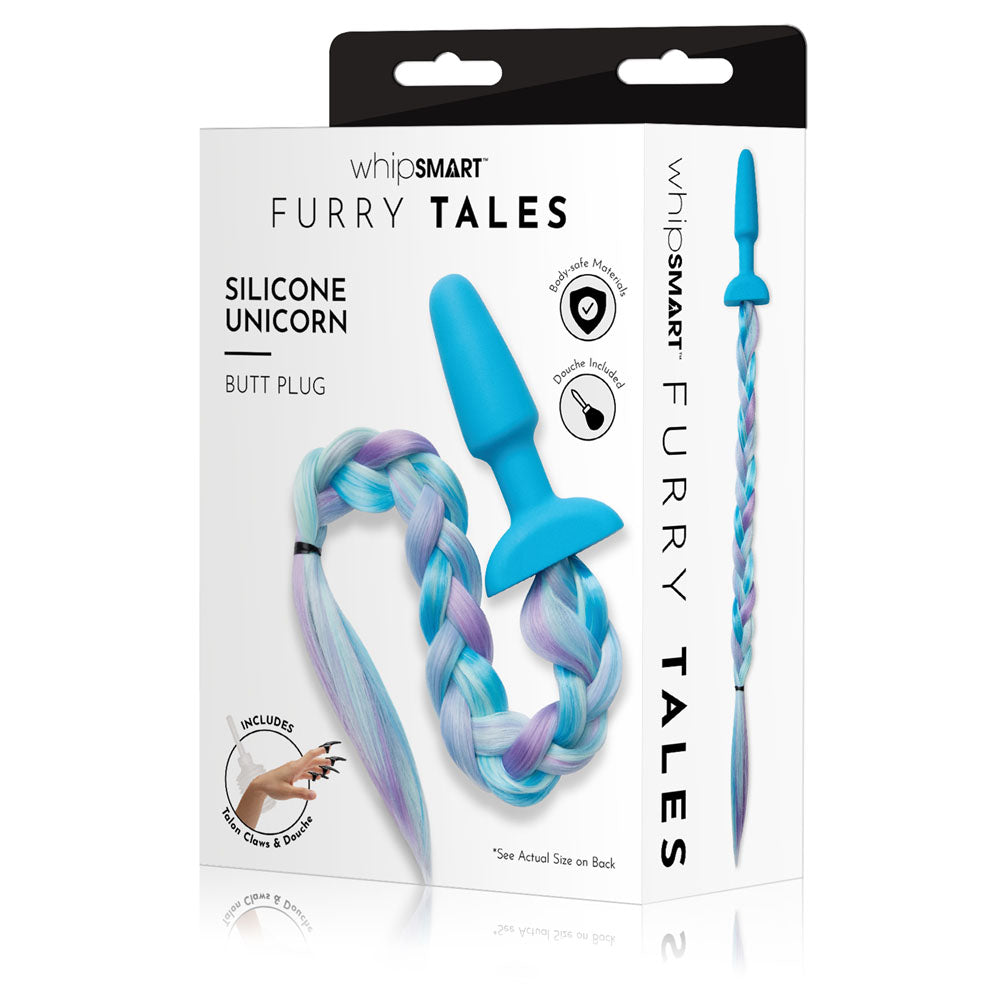 WhipSmart Furry Tales Silicone Unicorn Butt Plug - 8.9 cm Butt Plug with Unicorn Tail packaging showing product and colorful tail.