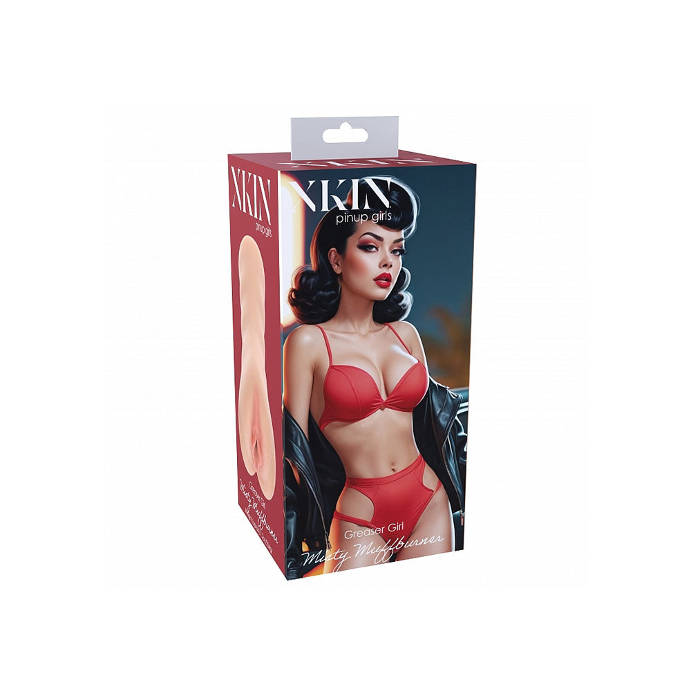 XKIN Pinup Girls - Misty Muffburner - 12 cm Vagina Stroker packaging featuring a sexy pinup girl in red lingerie.