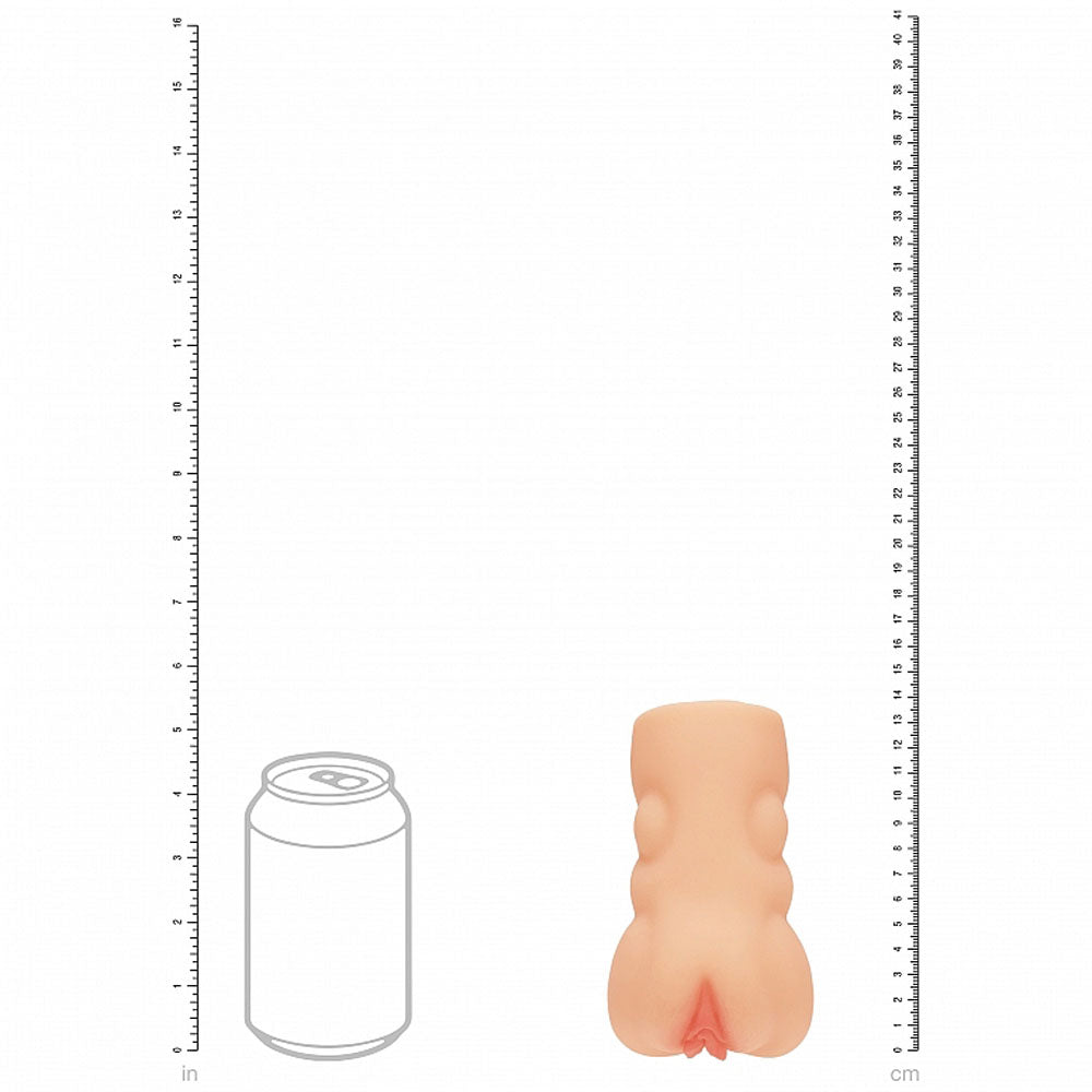 XKIN Raw - Pure Stretch - 14 cm Vagina Stroker next to a can for size comparison, showcasing its soft and inviting design.