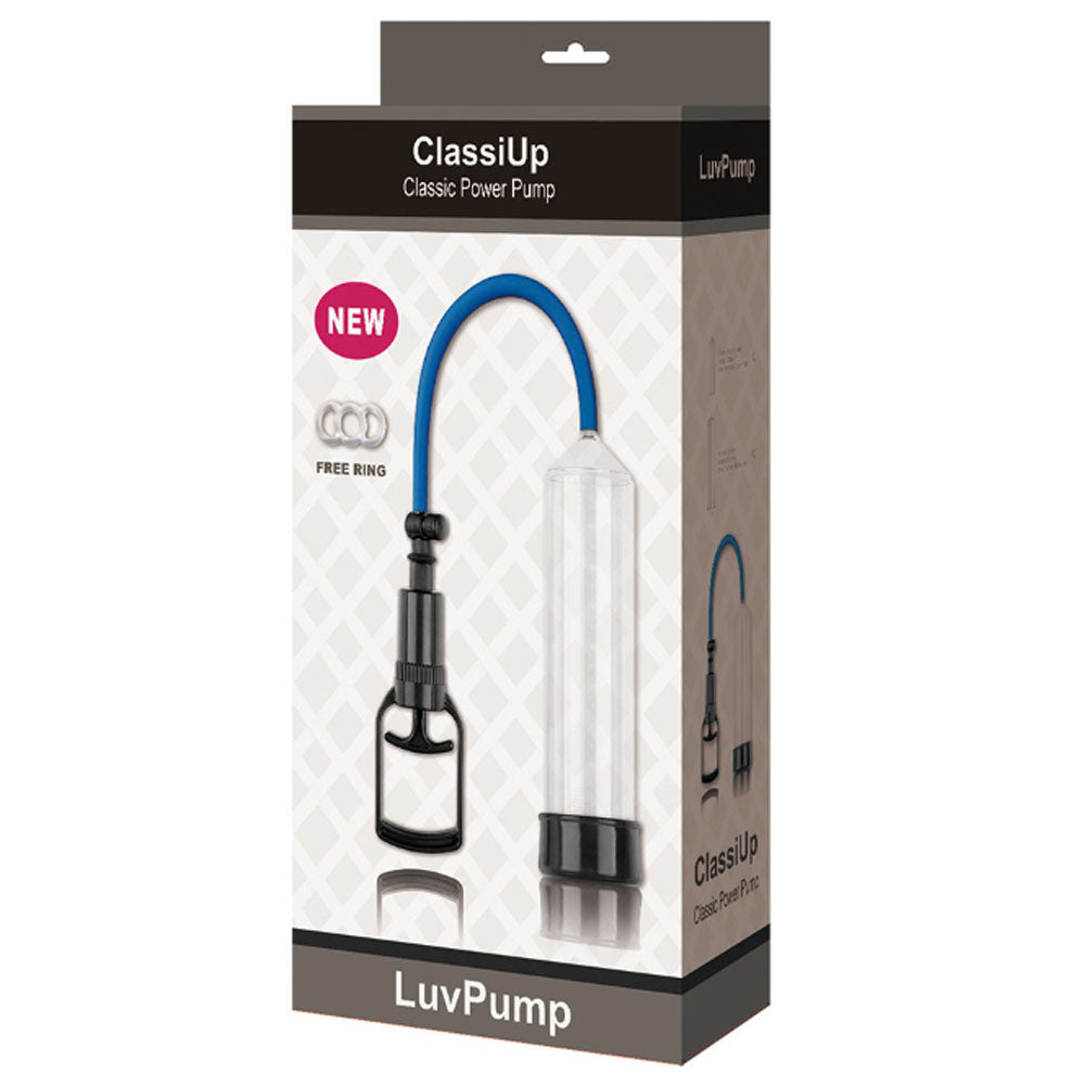 LuvPump ClassiUp Classic Power Pump - Large - Penis Pump packaging with clear cylinder and blue hose.