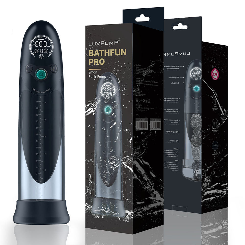 LuvPump Bathfun Pro - USB Rechargeable Waterproof Smart Automatic Penis Pump with packaging display.