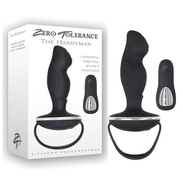 Zero Tolerance The Handyman - USB Rechargeable Vibrating Anal Plug with Remote and packaging showing 7 speeds.