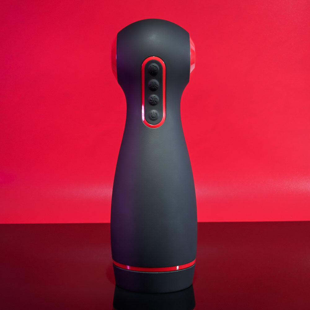 Zero Tolerance TIGHT SQUEEZE - USB Rechargeable Vibrating, Squeezing & Talking Stroker on a red background.