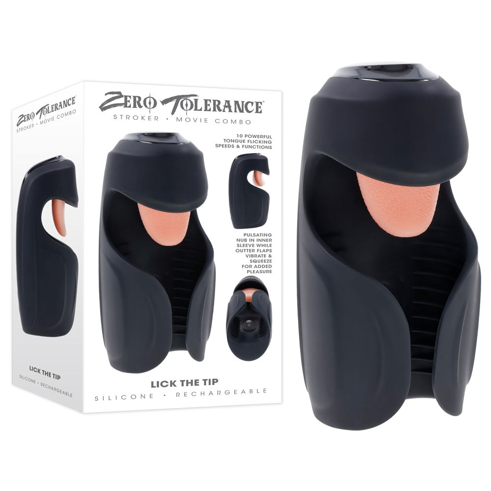 Zero Tolerance LICK THE TIP - USB Rechargeable Vibrating & Flicking Masturbator product packaging and device display