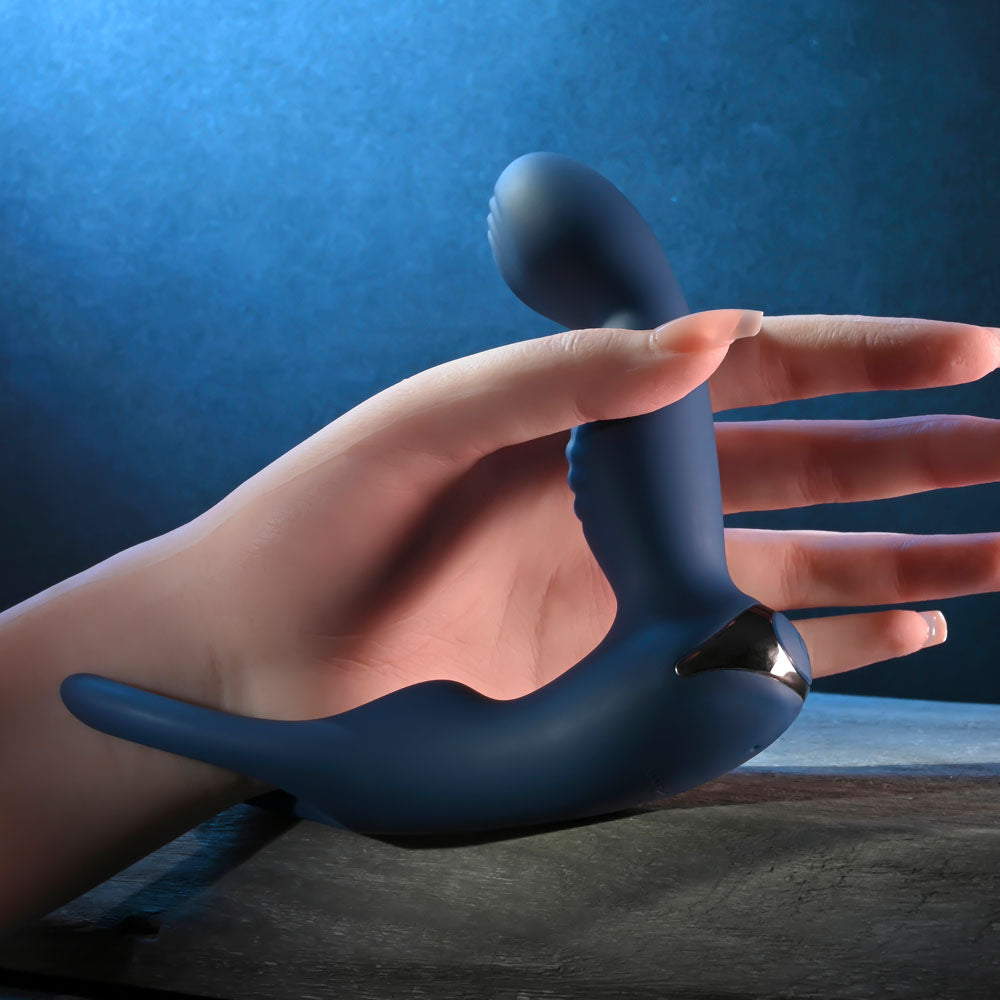 Zero Tolerance BY ALL MEANS -  13.4 cm USB Rechargeable Prostate Massager with Cock Ring held in hand