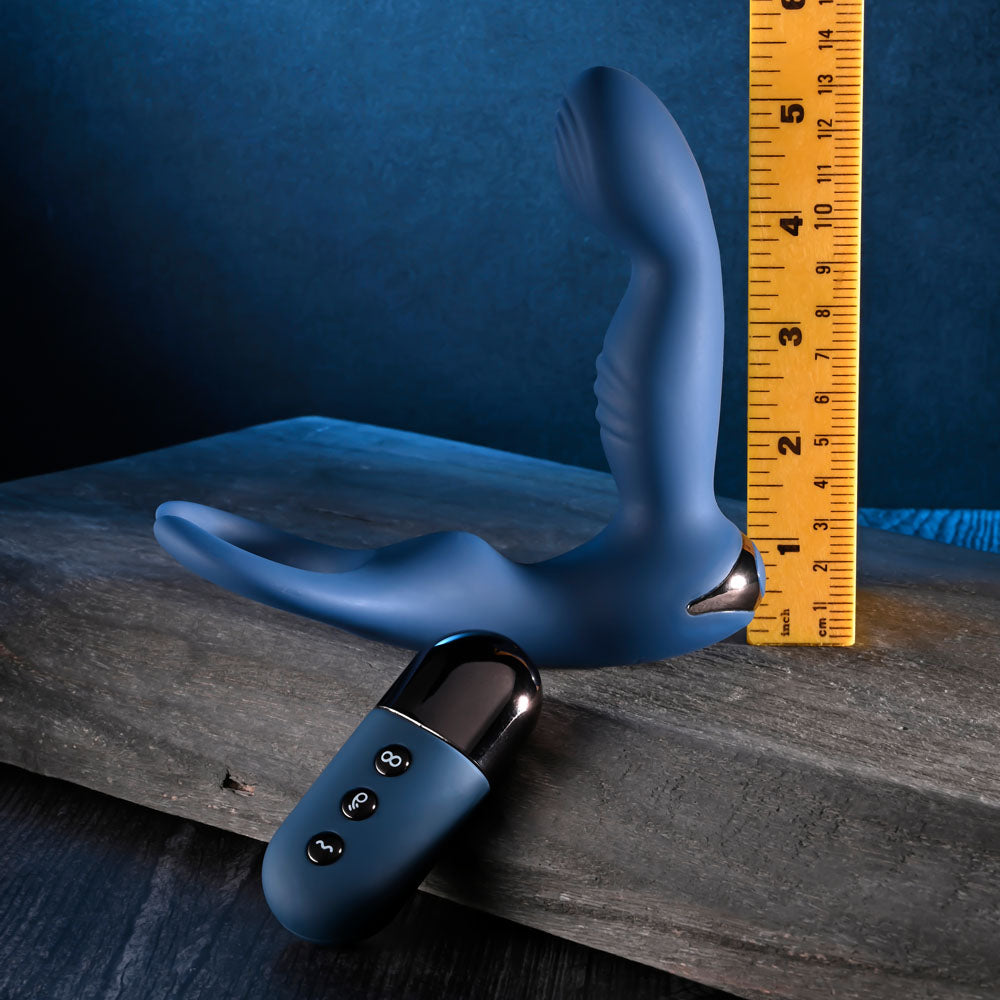 Zero Tolerance BY ALL MEANS -  13.4 cm USB Rechargeable Prostate Massager with Cock Ring next to a ruler for size reference.