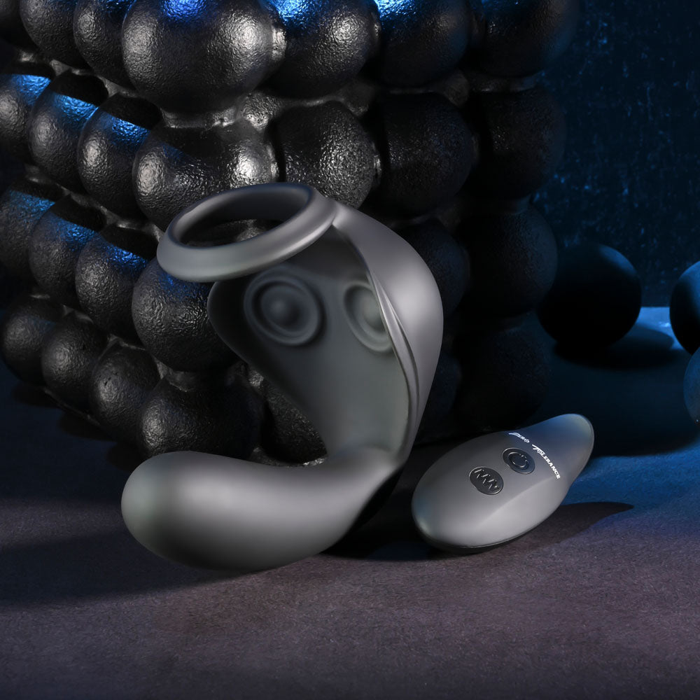 Zero Tolerance BALLIN OUT -  USB Rechargeable Prostate Massager with Cock Ring and Wireless Remote on a dark background.