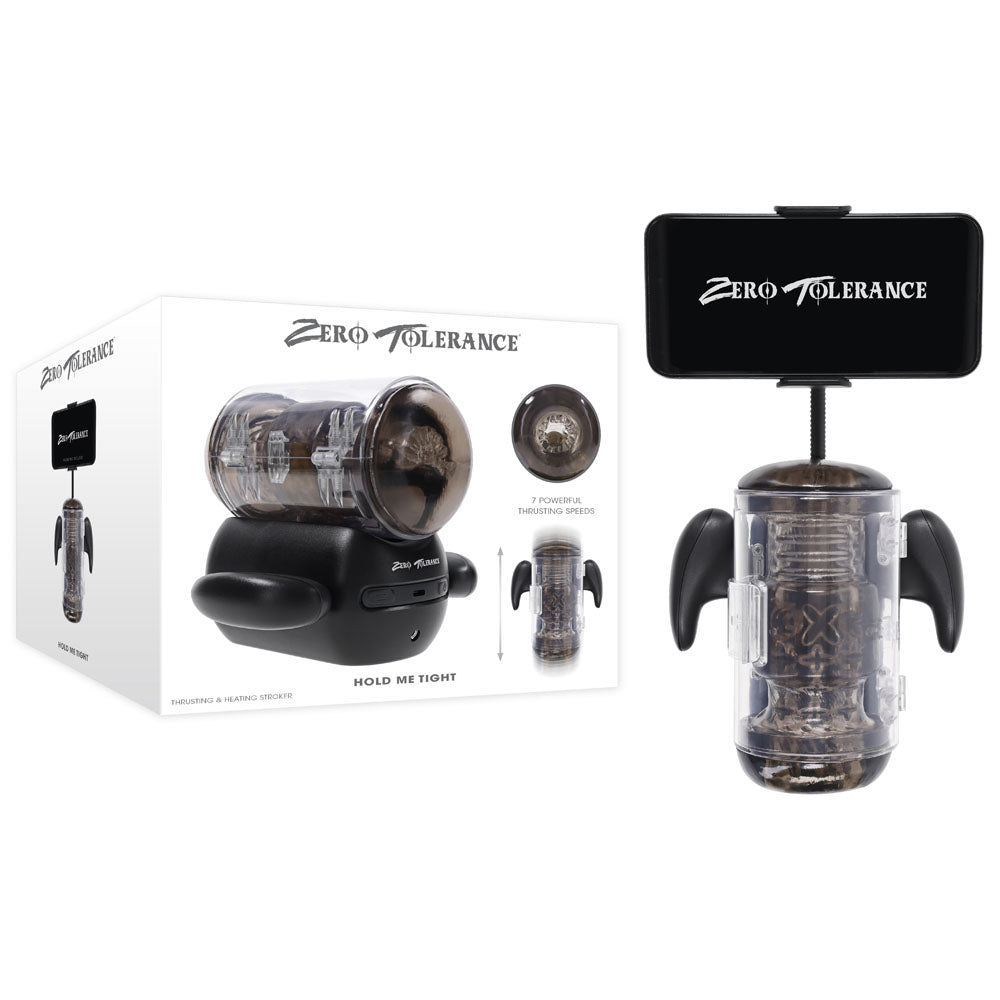 Zero Tolerance HOLD ME TIGHT -  USB Rechargeable Vibrating Auto Stroker with Phone Holder packaging and product image.