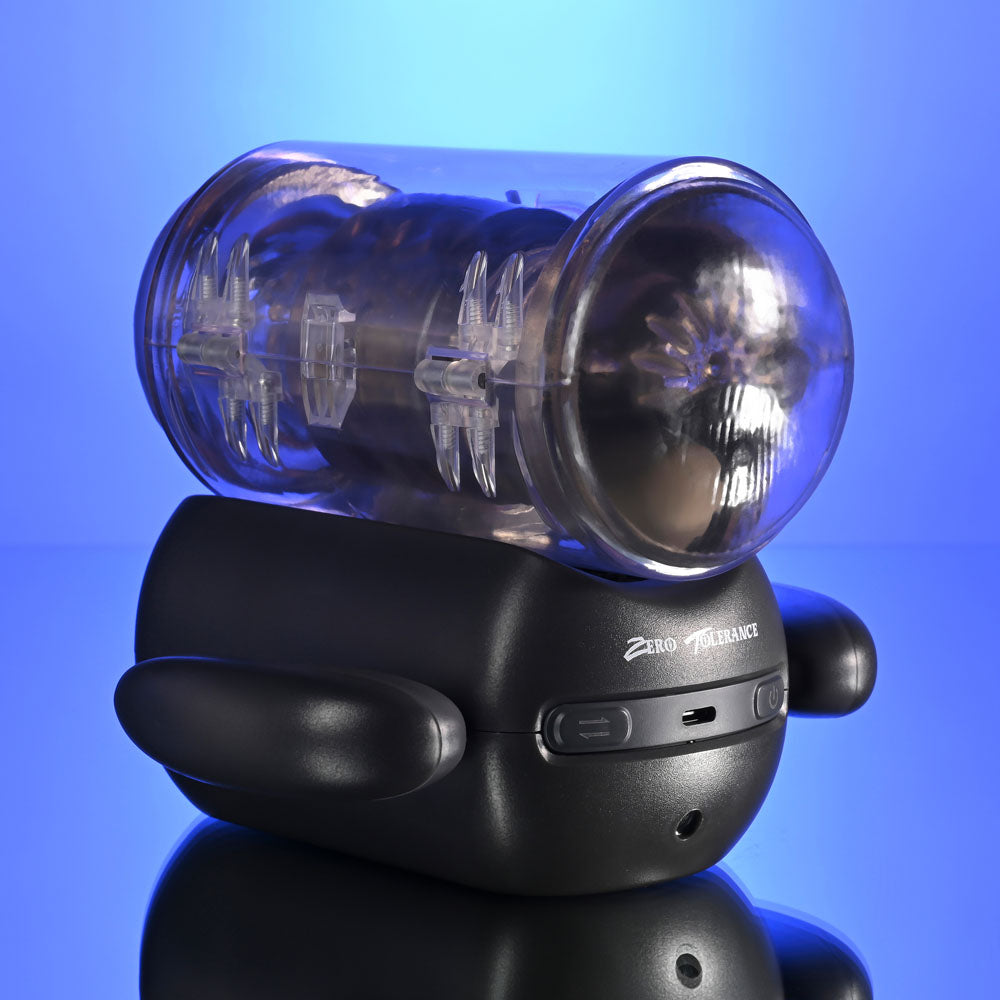 Zero Tolerance HOLD ME TIGHT -  USB Rechargeable Vibrating Auto Stroker with Phone Holder on display.