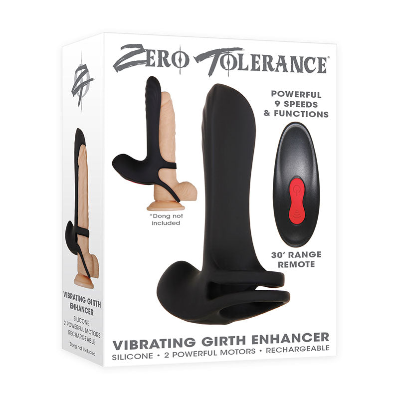 Zero Tolerance Vibrating Girth Enhancer packaging showing remote and silicone design with 9 speeds for enhanced pleasure.
