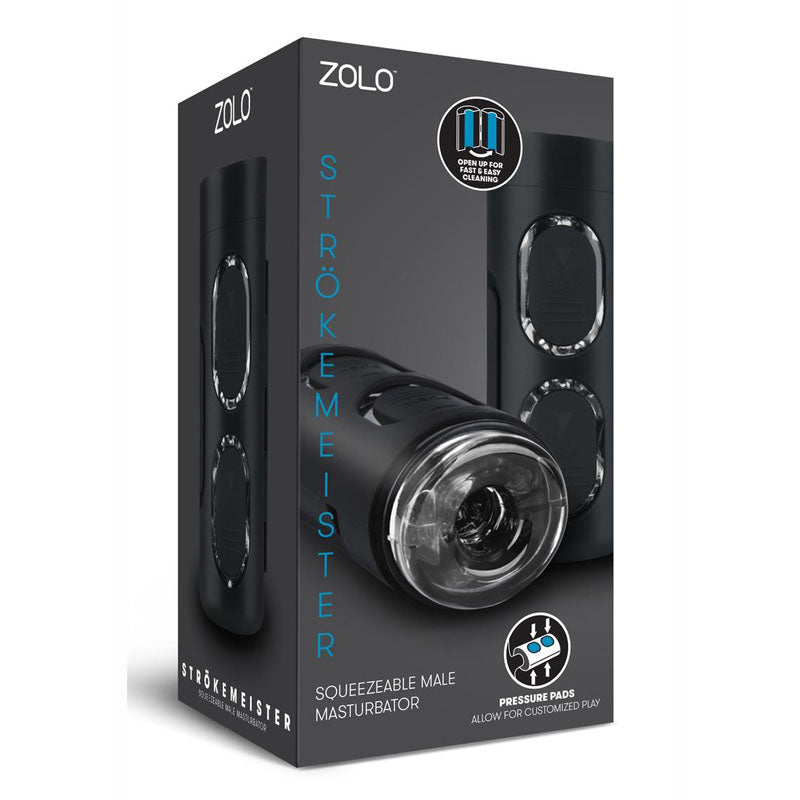 Zolo Strokemeister -  Squeezable Masturbator packaging featuring pressure pads for customized play.
