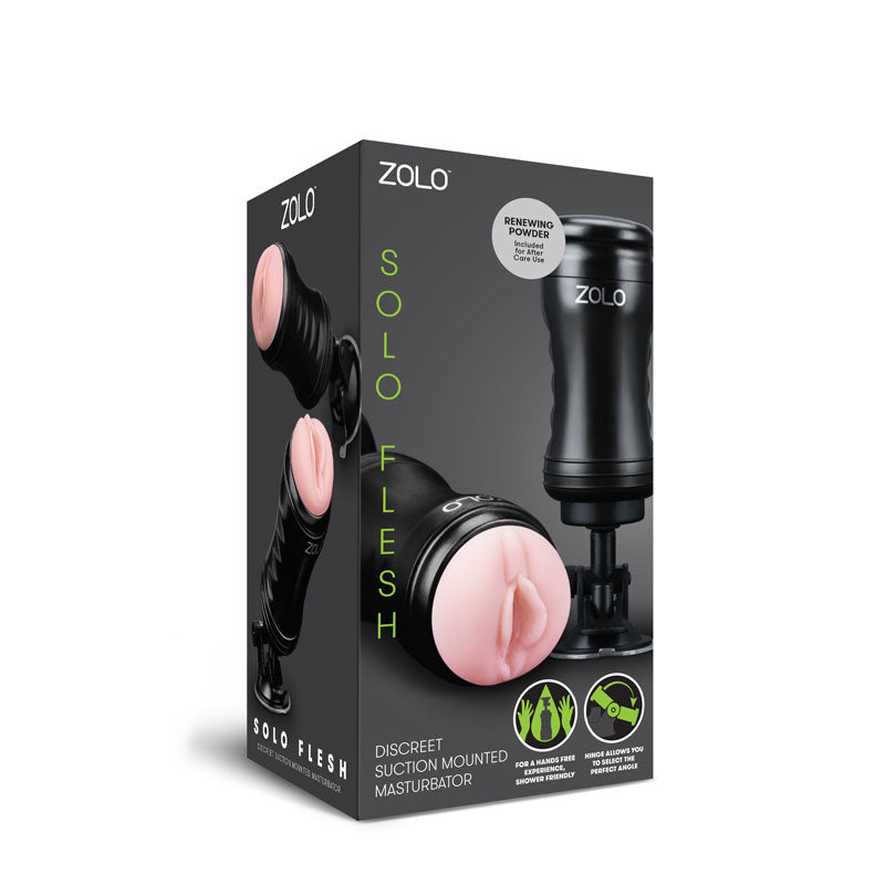 Zolo Solo  -  Vagina Stroker with Suction Base packaging featuring discreet suction-mounted design and renewing powder.
