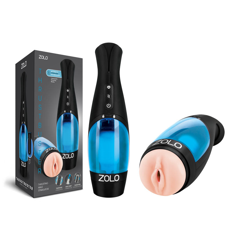 Zolo Thrustbuster - USB Rechargeable Auto Stroker showcasing modern design, automatic stroking feature and packaging.