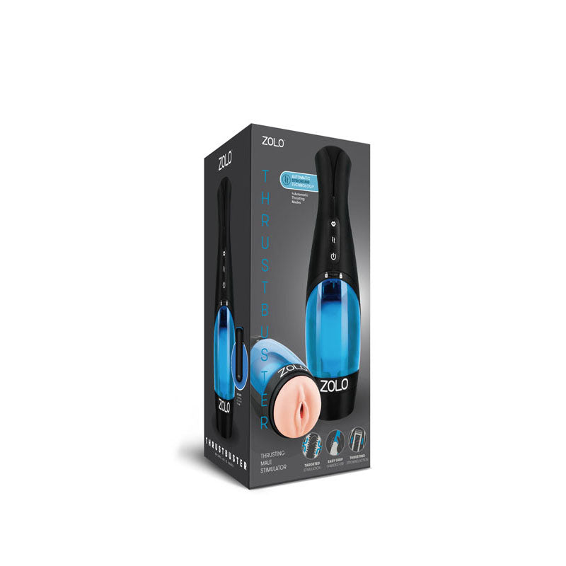 Zolo Thrustbuster - USB Rechargeable Auto Stroker package featuring thrusting male stimulator technology and design.
