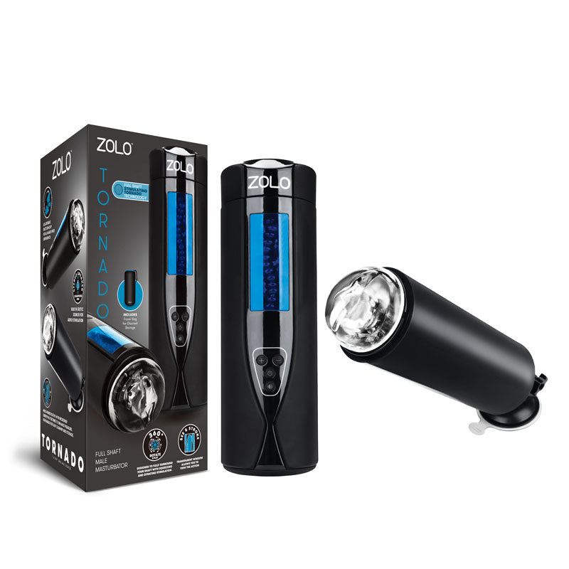 Zolo Tornado - USB Rechargeable Auto Masturbator with sleek design and packaging showcasing innovative features.