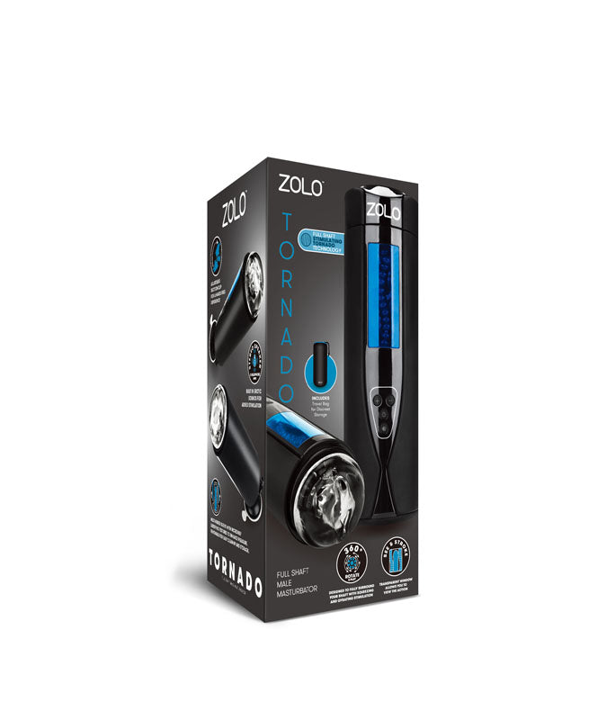 Zolo Tornado - USB Rechargeable Auto Masturbator packaging showcasing full shaft male masturbator features.