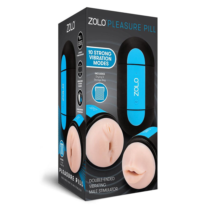 Zolo Pleasure Pill - Double Ended USB Rechargeable Stroker packaging featuring mouth and anal openings with ten vibration modes.