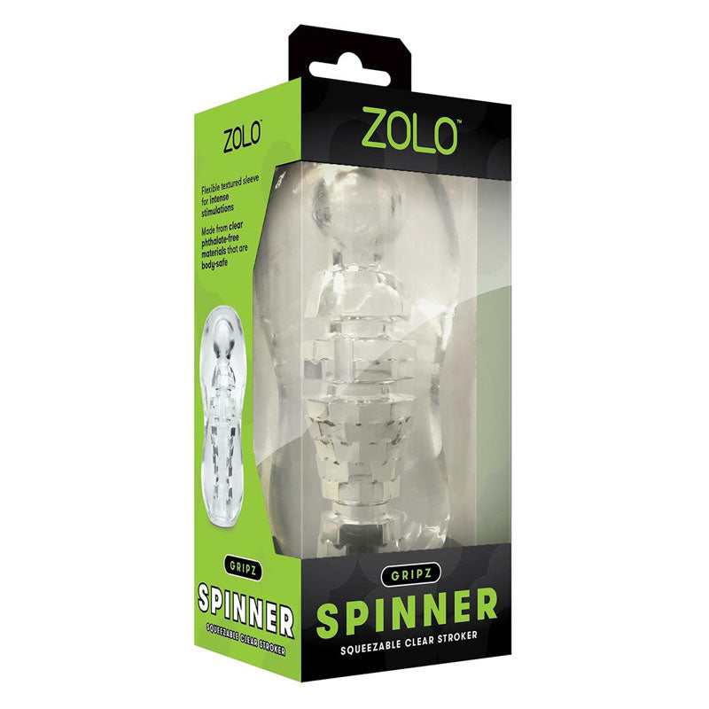 Zolo Gripz - Spinner - Stroker Sleeve in packaging, showcasing its flexible design and clear material.