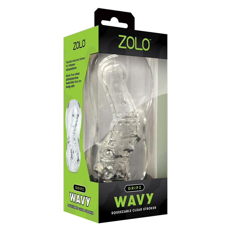 Zolo Gripz - Wavy - Stroker Sleeve in packaging, showcasing its unique design and texture for intense stimulation.