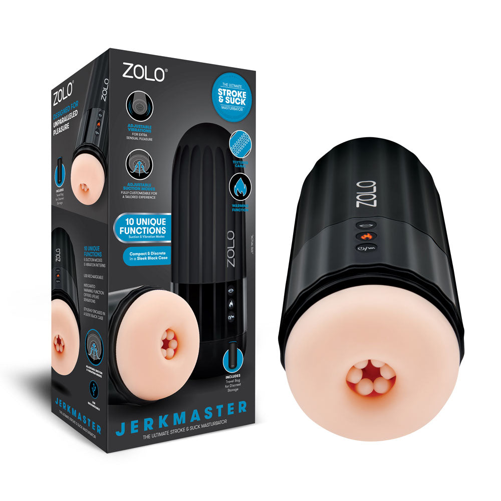 Zolo Jerkmaster - USB Rechargeable Stroking & Sucking Masturbator with 10 unique functions and customizable pleasure settings.