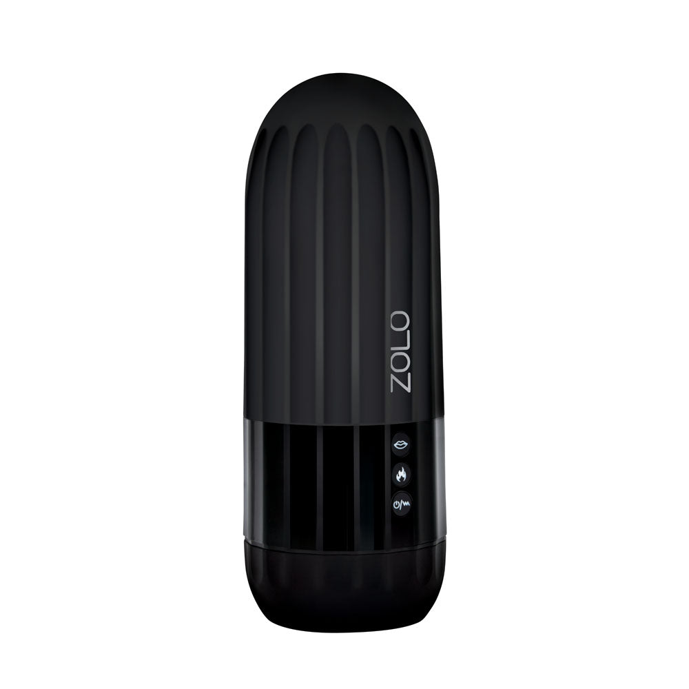 Zolo Jerkmaster - USB Rechargeable Stroking & Sucking Masturbator in sleek black design, showcasing controls for adjustable pleasure.