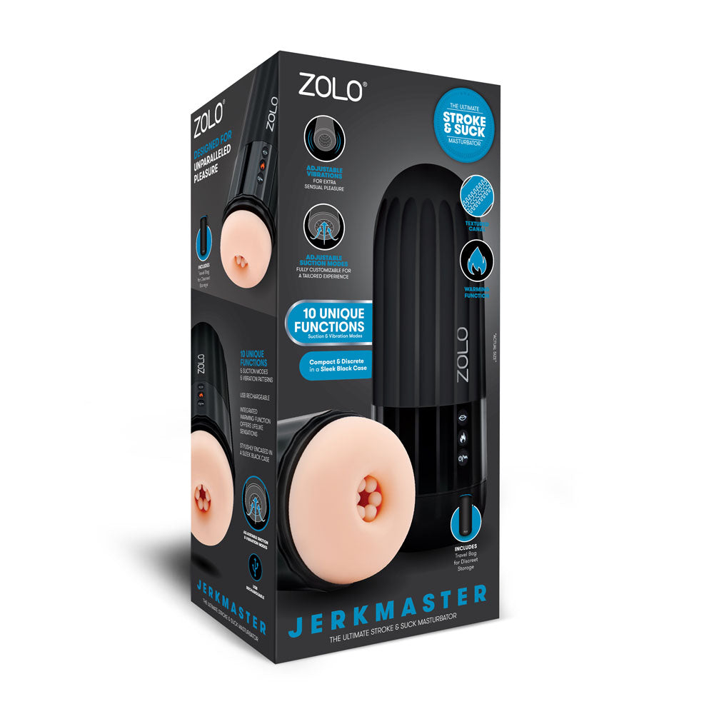 Zolo Jerkmaster - USB Rechargeable Stroking & Sucking Masturbator packaging showcasing 10 unique functions for pleasure.
