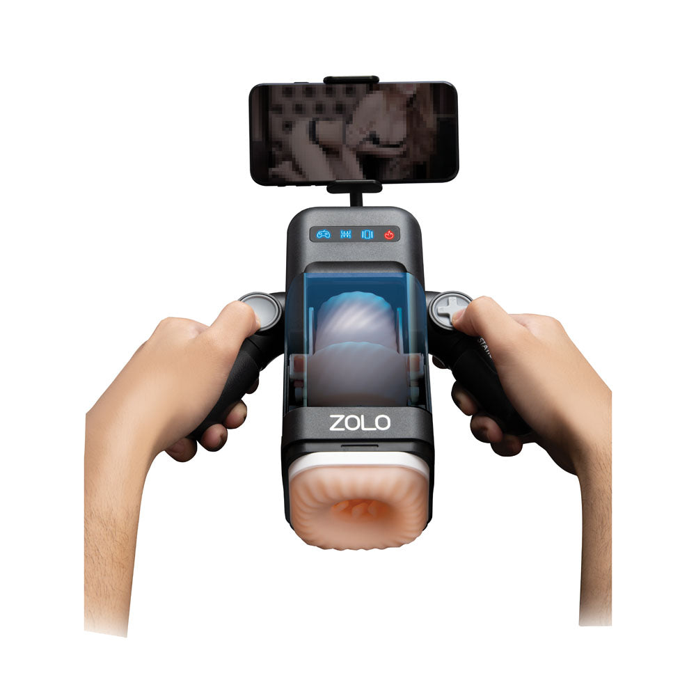 Zolo Blowstation - USB Rechargeable Auto Blowjob Masturbator with interactive controls and smartphone holder.