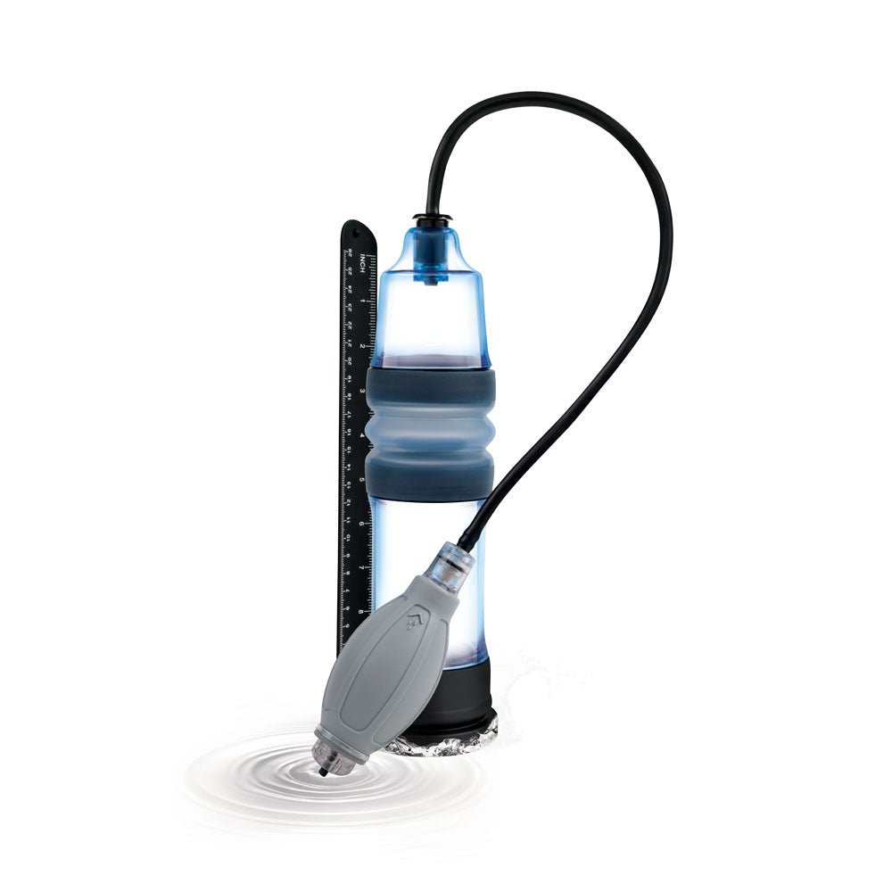 Zolo Aquapump Pro -  Water Penis Pump with manual design and ruler for precise pressure control in intimate experiences.