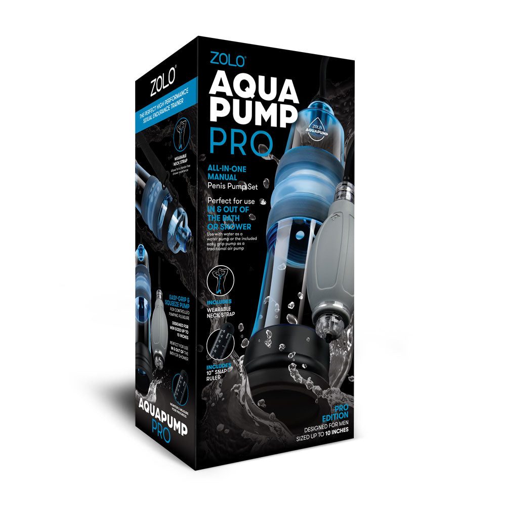 Zolo Aquapump Pro - Water Penis Pump packaging showcasing its all-in-one manual design for enhancing intimate experiences.