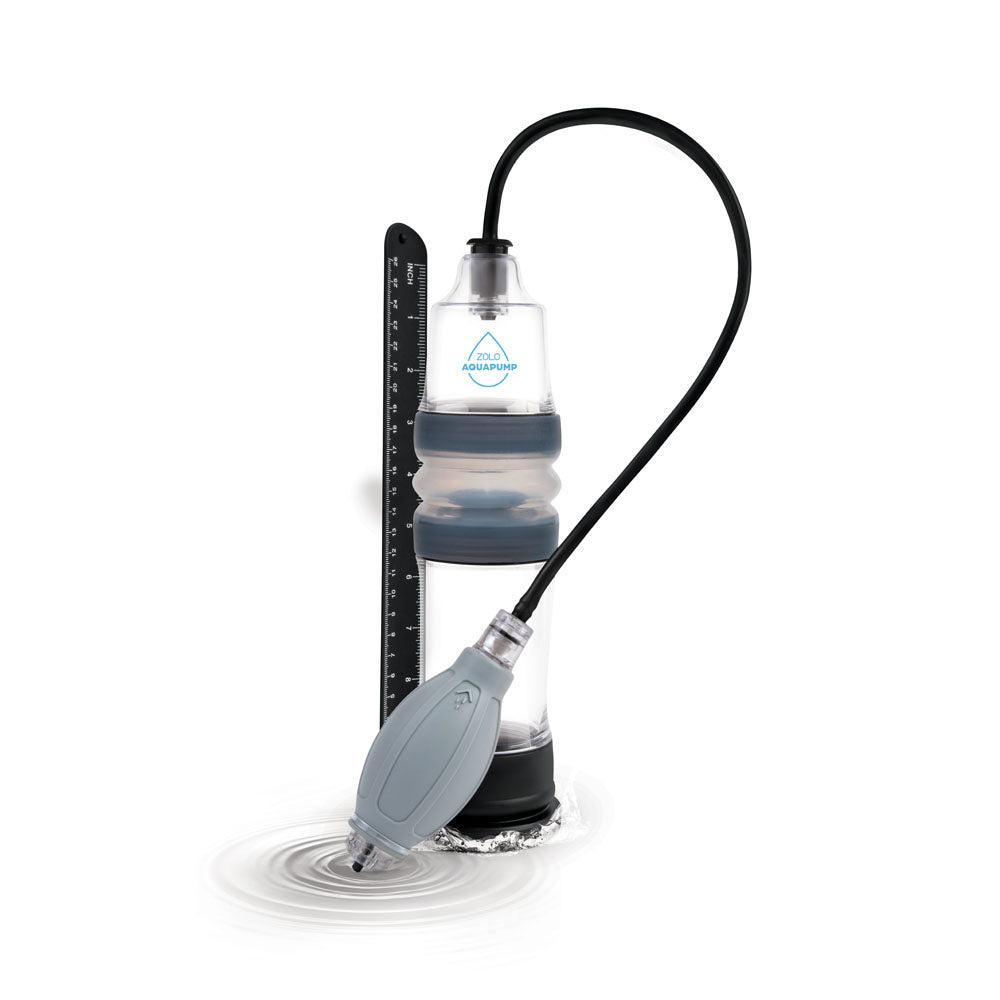 Zolo Aquapump Compact - Water Penis Pump with adjustable pressure control and measuring ruler for intimate essentials.