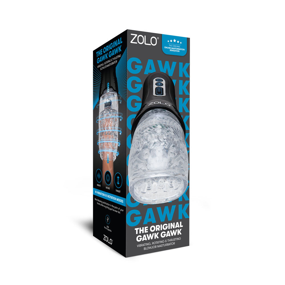 Zolo The Original Gawk Gawk - USB Rechargeable Vibrating, Rotating & Thrusting Masturbator packaging image.
