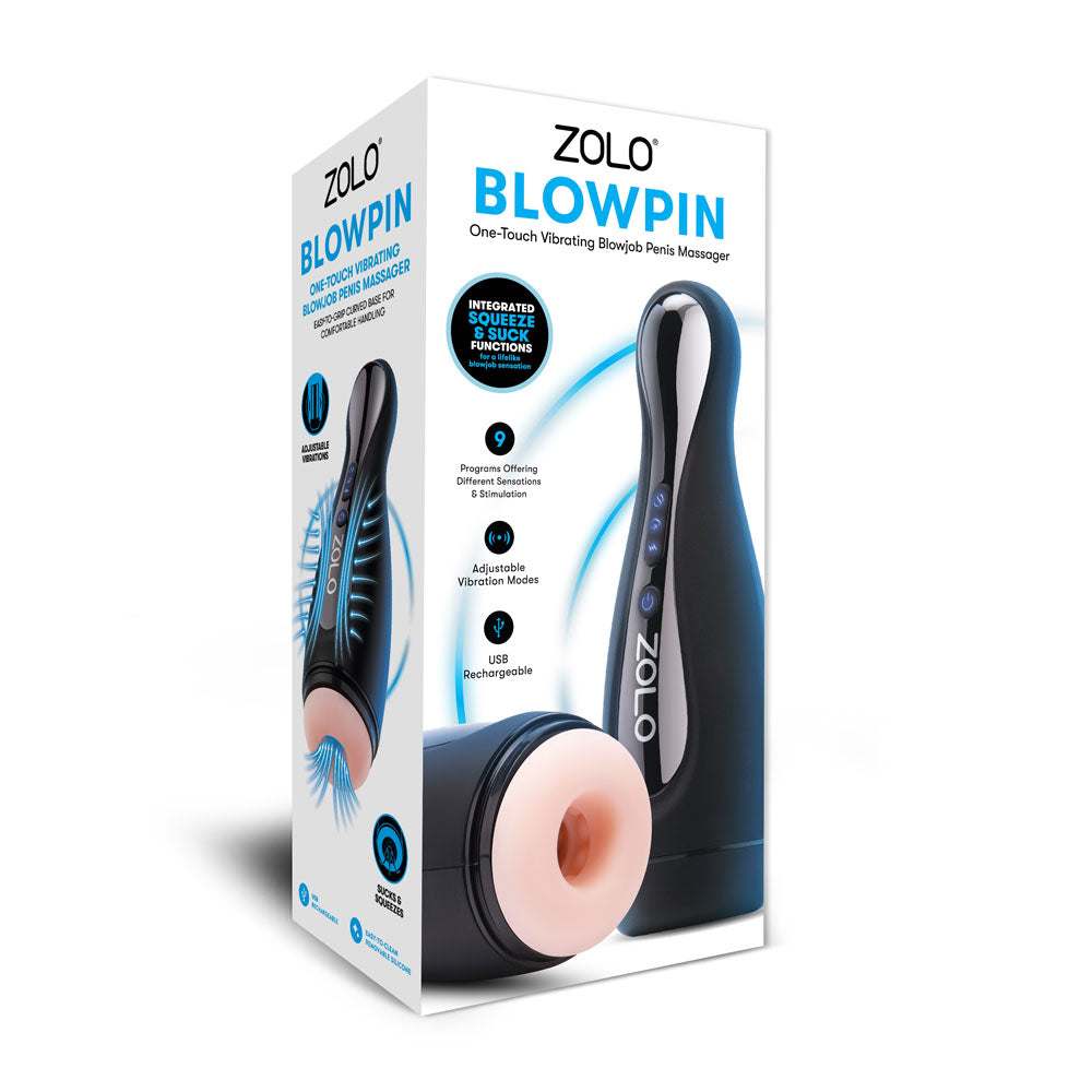 Zolo Blowpin -  USB Rechargeable Auto Sucking and Vibrating Masturbator box packaging showcasing features and design.