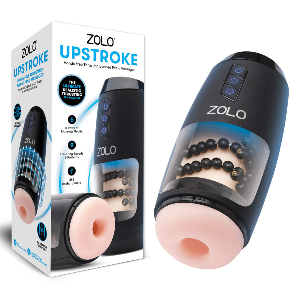 Zolo Upstroke - USB Rechargeable Auto Thrusting Masturbator shown with packaging, highlighting its unique features.