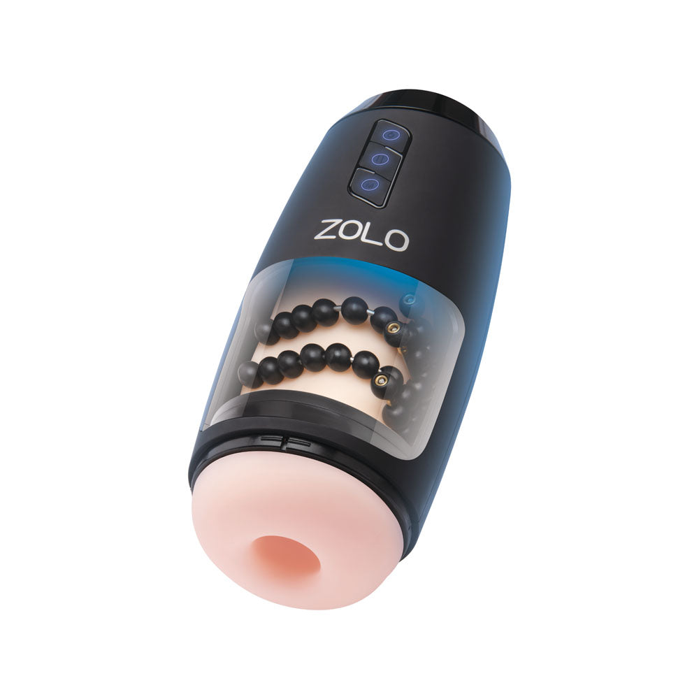 Zolo Upstroke - USB Rechargeable Auto Thrusting Masturbator showcasing stimulating beads in a sleek black design.