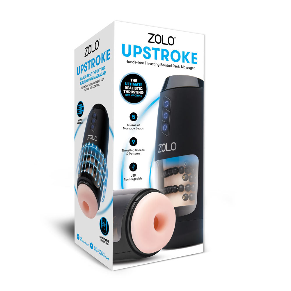 Zolo Upstroke - USB Rechargeable Auto Thrusting Masturbator packaging featuring stimulating beads and sleek design.